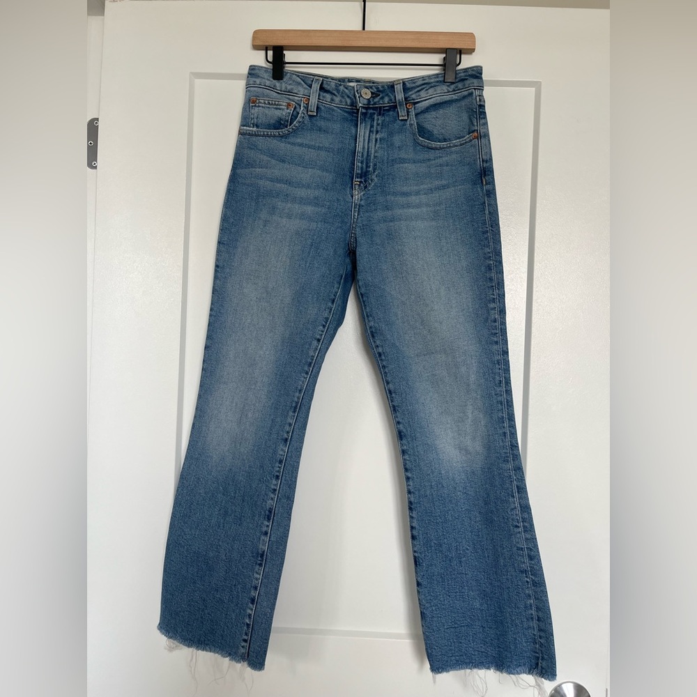 Trave Colette Kick Flare Jeans 28 Light Wash Raw Hem Cropped Flare Made USA